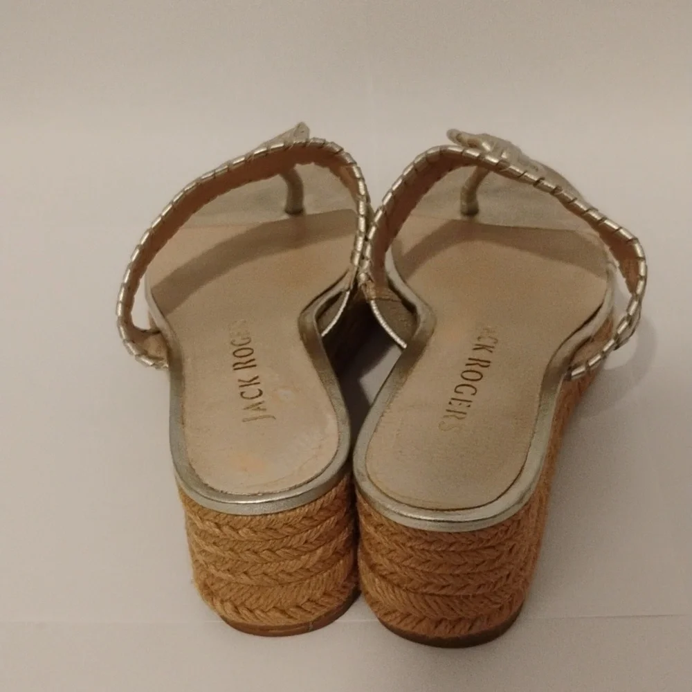 Jack Rogers Sandals Heels Wedge Thong Leather Jute Espadrille Medallion Gold 6 - Picture 4 of 12